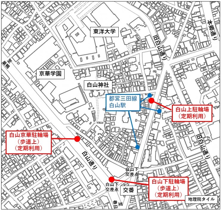 白山駅付近の駐輪場の位置図