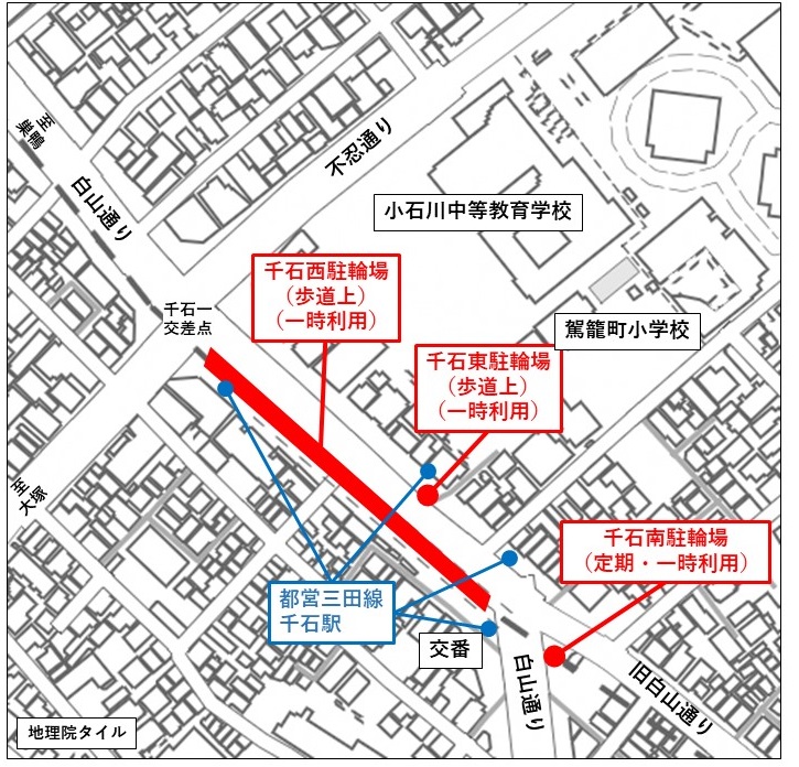 千石駅付近の駐輪場の位置図