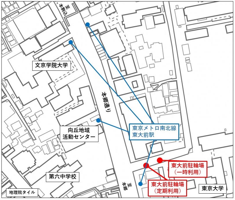 東大前駅付近の駐輪場の位置図