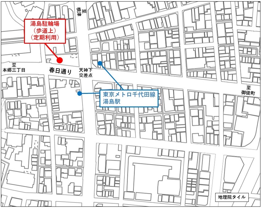 湯島駅付近の駐輪場の位置図