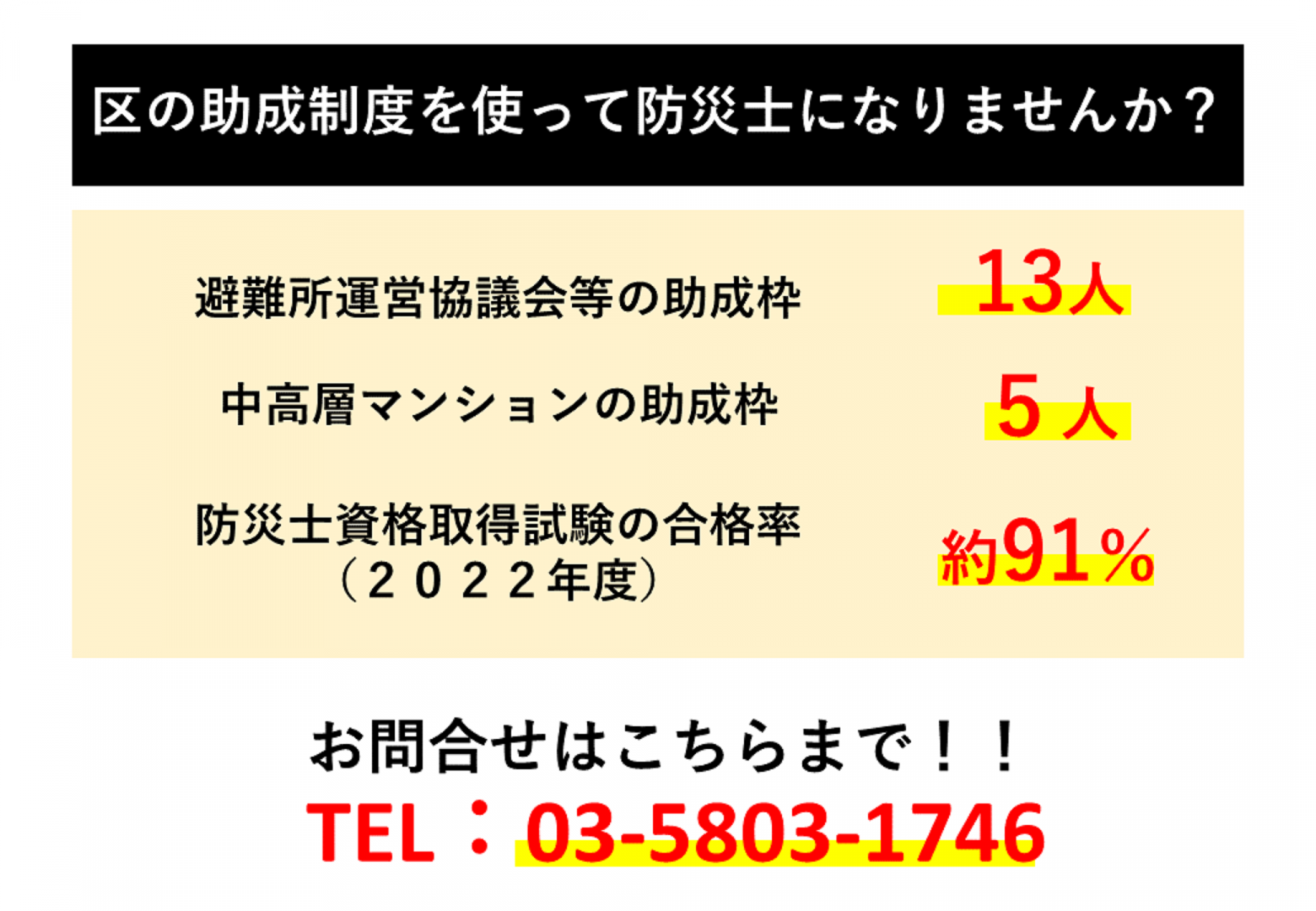 区の助成金制度を使って防災士になりませんか？お問い合わせは03-5803-1746まで