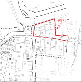 検討エリアの地図（湯島三丁目の一部）