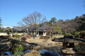 池を借景とした松聲閣の風景